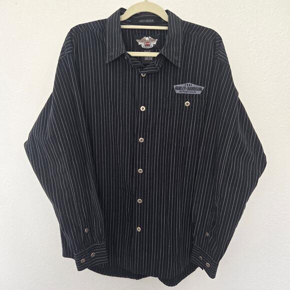 Harley Davidson Men's Black Pinstripe Long Sleeve Button Up Shirt Size Large - Picture 1 of 4